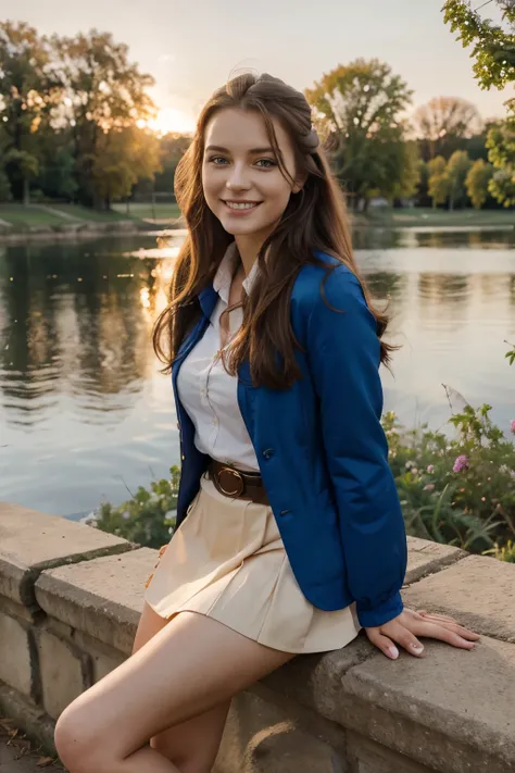 Professional portrait photograph of a beautiful German woman in her 20s wears a skirt , belt, blouse and an open blue jacket and cheerleading hair , smiling, seductive sensual look , parts,  beautiful symmetrical face , natural and cute makeup, At a beauti...