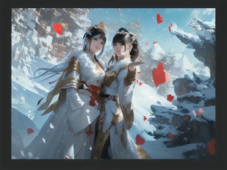 Two Asian women dressed in white and red are holding red hearts in their hands, wlop 和 ross tran, artwork in the style of Gu Weiss, cgsociety 和 fenghua zhong,  Rostrand and Baird Wu, Gu Weiss, author：The J, Chinese Fantasy, wlop 和 sakimichan, Krenz Cushart...