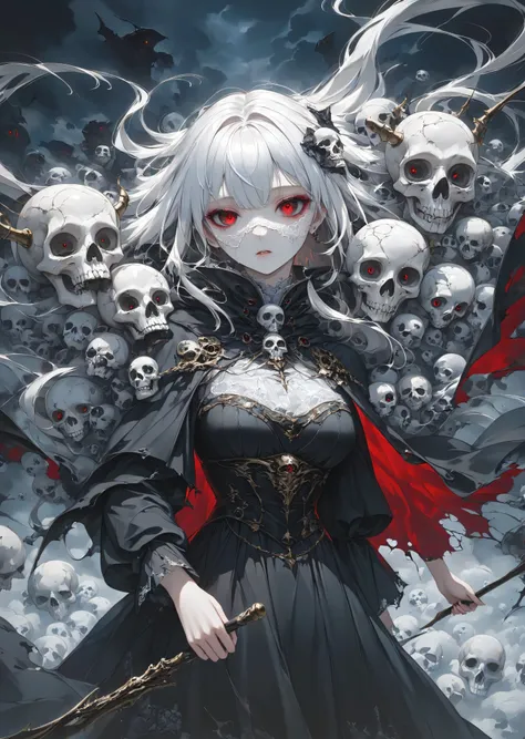  Masterpiece, high quality, high resolution, 16k, animated, detailed background, hyperrealistic, digital painting, dark fantasy, hellish worldview, girl with white skull mask, floating in the air, grim reaper costume, torn cape, lace tights, long white shi...