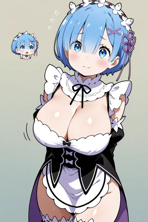 (masterpiece, best quality:1.2), cartoonish character design。1 girl, alone，big eyes，cute expression，blue hair, Rem from Re:Zero, blue eyes, plunging neckline，interesting，clean lines, arms behind back, huge breasts, cleavage, magenta background, sexy, submi...