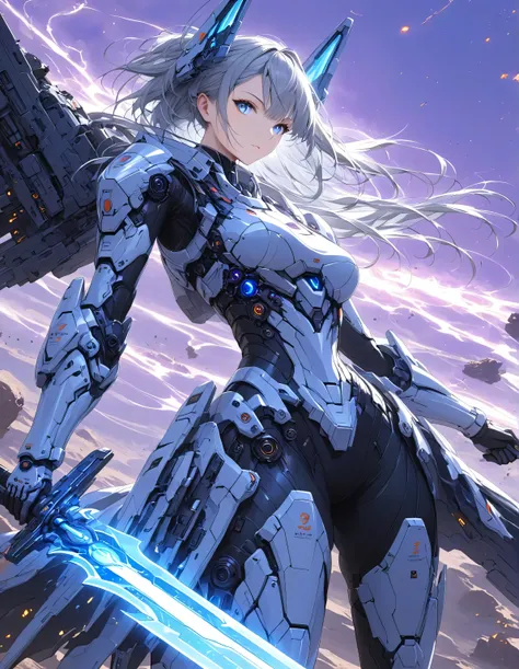Masterpiece, high quality, high resolution, 16K, detailed background, hyperrealistic, digital painting, cyberpunk, sci-fi, dynamic angles, one girl warrior, slender, beautiful face, clean skin, clean hair, clean thighs, light tactical armor with metallic s...