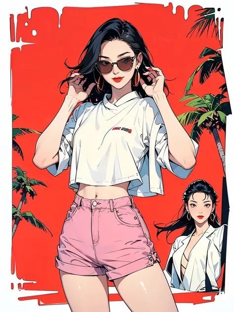 Flat Illustration artwork, ((young 24 year old Maggie cheung)) in a oversized crop top and shorts in a fashion pose in front of simple background, up close red lips, wear dark sunglasses, korean pop-star, big smile, black hair, pretty hands, fringe, simple...