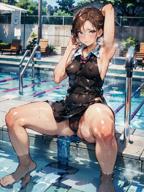 anime - style illustration of a obscene bitch woman in a obscene sleeveless school uniform:1.5, anime character, official character art, trending on e-girl, feminine, full body, female anime girl, obscene sitting Posing:1.5, parted bangs, (tanned:1.3), loo...