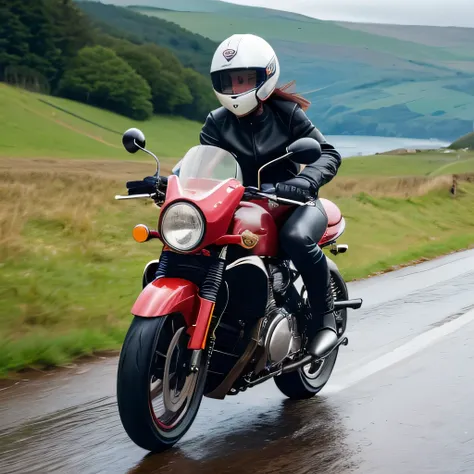 (A young female rider speeds along on a motorcycle)、Vintage Bikes、Bluff Superior SS100、Isle of Man Races、Leather jumper、Cromwell helmet with goggles、After the Rain、English countryside、(Highest quality, masterpiece, High resolution)、8k、wallpaper