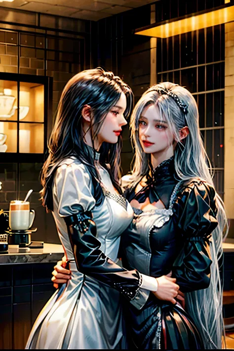 robot woman with long silver hair wear maid outfit stand with beautiful woman with long black hair wear barista outfit, 2 person, 2 woman, coffee shop, coffee shop background, yuri, lesbian couple, lover, silver hair and black hair 