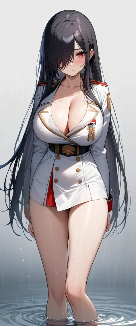 (masterpiece, Highest quality:1.2), (1girl), alone, ((long hair)), (((black hair))), (straight hair), ((hair over face)), (hair over one eye), (hair over right eye:1.2), (military officer uniform) ,((red eyes)), (((big breast))), high detail, bloom, textur...