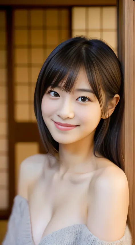 masterpiece,best quality,(Japanese girl),((Beautiful girl)),cleavage,(off shoulder:1.2),(perfect body beauty:1.2),(shy smile)