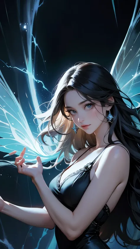 (Approaching Tornado :1.2)、(storm)、(Draw a tornado)、(  Fairy Confronts Alone to Stop a Raging Tornado:1.2)、  fairy woman drawing a tornado、  SHARP CONCENTRATION 、Bioluminescent Forest 、Rainbow fairy wings、 Seductive Expression 、 very detailed background 、F...