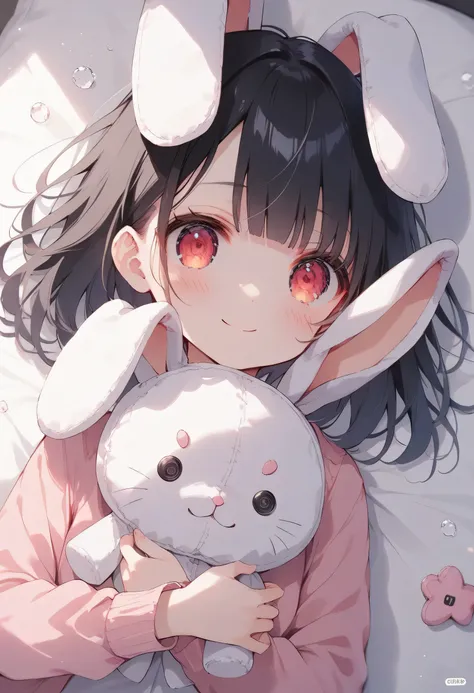 score_9, score_8_up, score_7_up, score_6_up, score_5_up, score_4_up, masterpiece, best quality, source_anime, 
alone,cute 1girl,,(loli),Black hair,straight medium hair,blunt bangs,red eyes,blush, girl is hugging a big stuffed animal、whole body、(Big rabbit ...