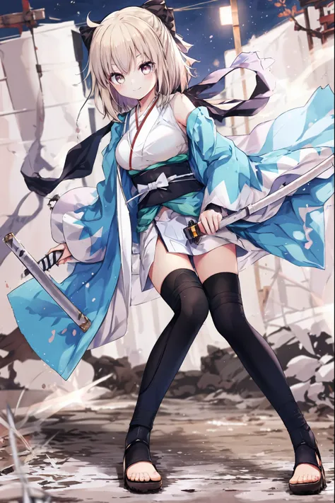 masterpiece, best quality, integrated scenery, integrated background, extremely delicate and beautiful, meticulous details, good composition, , cute face, perfect face, perfect hands, 1girl,okita souji (FGO), white_nosleeves_short_kimono,
smile,dynamic_pr...