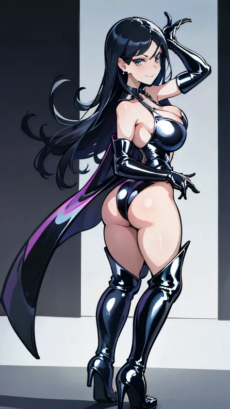  masterpiece, best quality, darkqueen, blue eyes, earrings, shiny black latex leotard, elbow gloves, cleavage, serious, smile, standing, tall, long black boots, ruling the world as a goddess, holding her breasts with her hands, zoom into her ass, no cape, ...