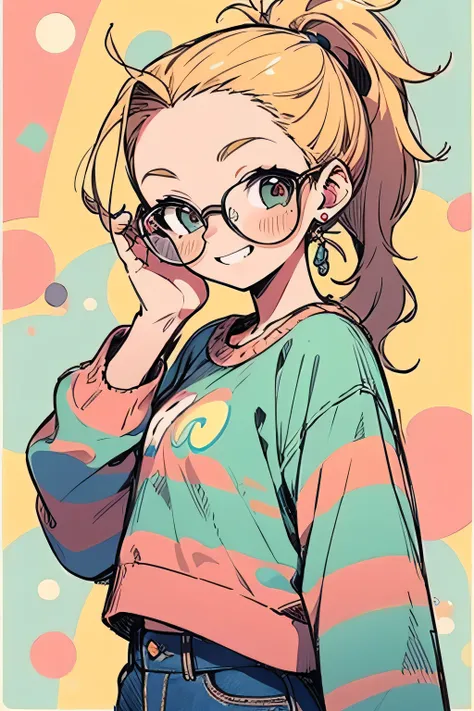 sideview,Alone,(looking at viewer:1.3), older sisters face、cute face,blonde messy brown high ponytail,hair slicked back,glasses,graffiti color sweater,brown denim jeans,cute grin,pastel color porca dot background, fun atmosphere、(manga style),(sketch),(ill...