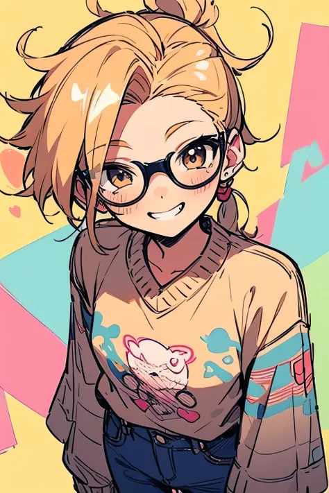 bird eyes view,(looking at viewer:1.3), older sisters face、short sideburn,30years old,cute face,blonde messy brown high ponytail,hair slicked back,glasses,graffiti color sweater,brown denim jeans,cute grin,pastel color porca dot background,Theres a  by my ...