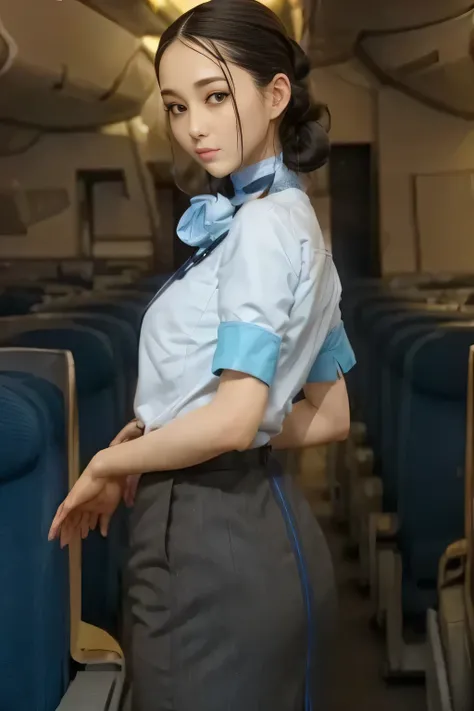 (masterpiece:1.2,  best quality:1.2), 32kHDR,  high resolution for loosely aligning the legs , (Alone、  1 girl)、（ Rooftop of a building during the day 、 Professional Writing ）、  in the background of the roof of the building  、（ANA cabincrew uniform blueを着た...