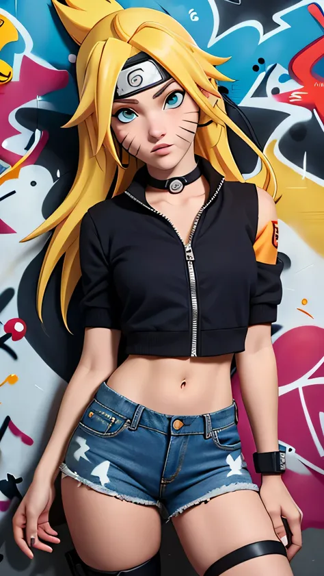 masterpiece, best quality, 1girl, solo, crop top, denim shorts, choker, (graffiti:1.5), arms behind back, against wall, looking at viewer, armband, thigh strap, head tilt, bored, blonde hair, aqua eyes, headset, Naruto jutsu sexy (naruko Uzumaki).