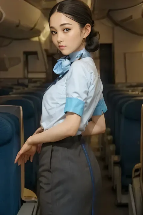 (masterpiece:1.2,  best quality:1.2), 32kHDR,  high resolution for loosely aligning the legs , (Alone、  1 girl)、（ Rooftop of a building during the day 、 Professional Writing ）、  in the background of the roof of the building  、（ANA cabincrew uniform blueを着た...