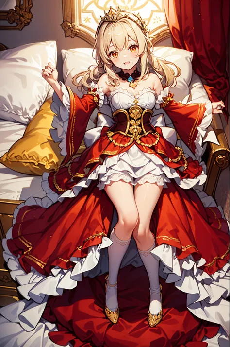 Teenage Girl, charming,gorgeous,In Love ,sacred,( Yellow and White Princess Skirt :1.3),blond,klee, red eyes, Minimalism , Multi-layer exquisite ruffles ,Lots of Lace,( Lines on clothes :1.2),( Exquisite clothing :1.1),(Multi-layer Skirt ),Princess Crown, ...