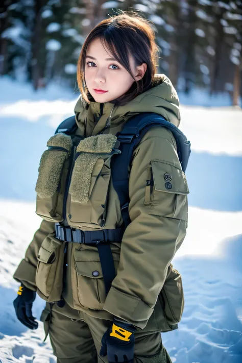 (photorealistic), beautiful lighting, best quality, realistic, full body portrait, real picture, intricate details, depth of field, 1girl, in a cold snowstorm, A very muscular solider girl with haircut, wearing winter camo military fatigues, camo plate car...