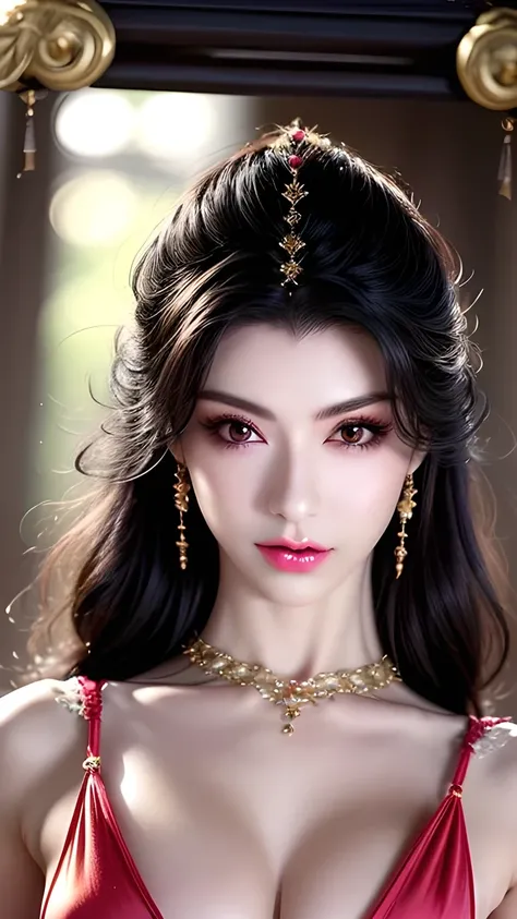 beautiful women、 Straight Hair 、(( Jet black hair :1.2))、 Upper Body Closeup 、( Like fluttering hair :1.2)、 Long eyelashes、 big eyes、beautiful eye makeup 、 beautiful shiny skin 、 lovely smile with blush 、 furry fur dress、goddess style 、(( small and er...