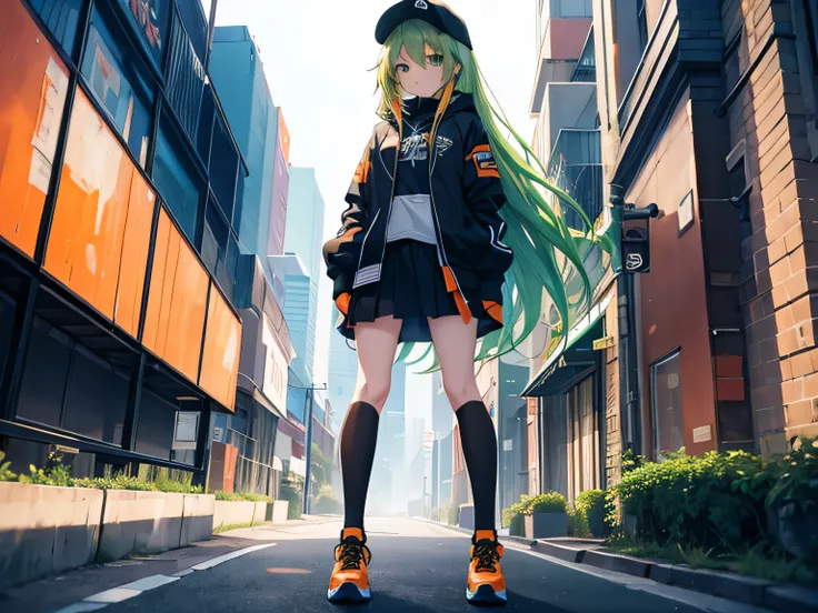 Teenage girl,anime, Emerald Green Hair Long Hair , emerald green eyes ,The B cup bust ,4k anime style,  smooth CG anime images, Anime 8k, best quality ,  high resolution, , a jacket with a black hood inside, orange  , striped black cap Orange Nike brand  ,...