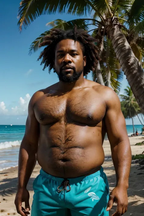 a middle aged black man with an afro and beard, overweight, on a beach in haiti, wearing swim trunks, photorealistic, cinematic lighting, vibrant colors, detailed facial features, intricate skin texture, dynamic pose, beautiful tropical beach scenery, gold...