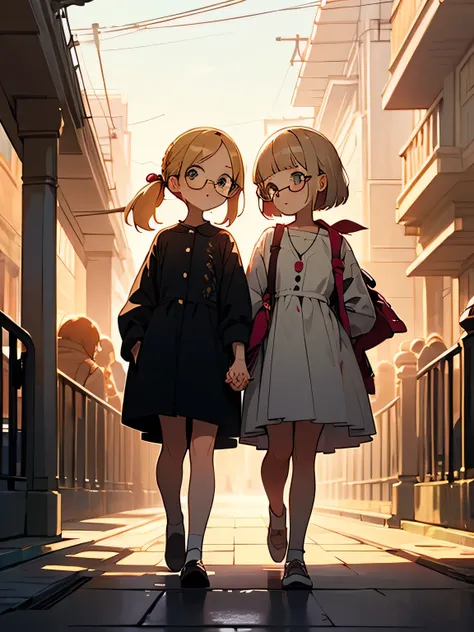 front view,closed up humans,evening、Walking Path、the way、Around town、On the way home、(blond ponytail , forehead, glasses,mother),(short  black haired blunt bangs girl),( holding hands)、 nostalgia、 fun atmosphere,(illustration),