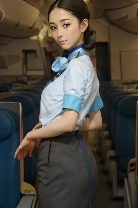 (masterpiece:1.2,  best quality:1.2), 32kHDR,  high resolution for loosely aligning the legs , (Alone、  1 girl)、（ Rooftop of a building during the day 、 Professional Writing ）、  in the background of the roof of the building  、（ANA cabincrew uniform blueを着た...