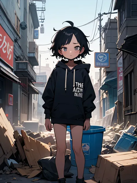 Alone,upperbosy ,Faint、no sideburn,black short zaggy hair,forehead, black graffiti hoodie :1.2, blue-black ground 、Late Night、 midnight town、 messy trash 、 trash bucket 、 messy 、Destroy 、Dark City、Backstreets、( I am the protagonist:1.3),A scene from the st...