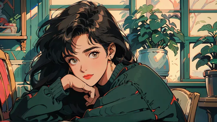 Looking out the window女性　Outside is a blue sky の晴れた朝　 The morning sun shines through the window　 refreshing　Outside is a blue sky 　A lovely morning　 Max image ,  1980s style animation of walking around the room with a smile,  black hair,  long hair,  light...