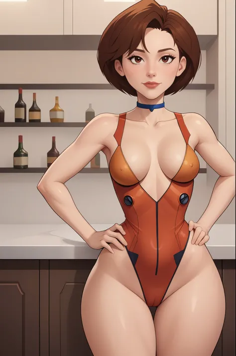 Helen Parr. choker. narrow waist. small saggy breasts. huge hips. brown hair. brown eyes. one-piece evangelion suit. bar. 