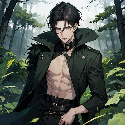 An anime-style slender and enigmatic young man, depicted from the waist up, with smooth jet-black hair and piercing green eyes. He wears a dark, scale-textured coat with a high collar. The setting is a shadowy forest clearing, with a faint mist adding myst...