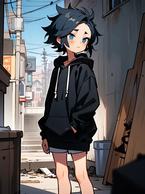 Alone,upperbosy ,Faint、no sideburn,black short zaggy hair,forehead, black graffiti hoodie :1.2, blue-black ground 、Late Night、 midnight town、 messy trash 、 trash bucket 、 messy 、Destroy 、Dark City、Backstreets、( I am the protagonist:1.3),A scene from the st...