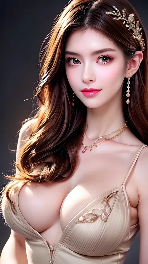  beautiful women、 Straight Hair 、((  brown hair  :1.2))、  Upper Body Closeup 、( Like fluttering hair :1.2)、 Long eyelashes、 big eyes、beautiful eye makeup 、 beautiful shiny skin  、  lovely smile with blush 、  furry fur dress、goddess style 、(( medium breasts...