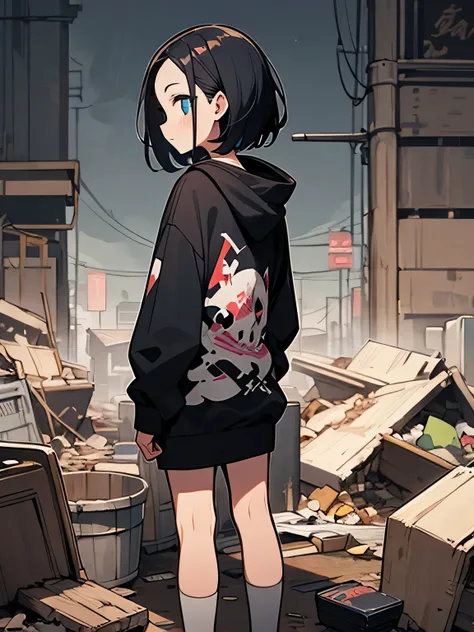 sideview,Alone,upperbosy ,Faint、no sideburn,black short zaggy hair,forehead, black graffiti hoodie :1.2, blue-black ground 、Late Night、 midnight town、 messy trash 、 trash bucket 、 messy 、Destroy 、Dark City、Backstreets、( I am the protagonist:1.3),A scene fr...