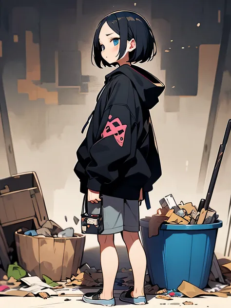 sideview,Alone,upperbosy ,Faint、no sideburn,black short zaggy hair,forehead, black graffiti hoodie :1.2, blue-black ground 、Late Night、 midnight town、 messy trash 、 trash bucket 、 messy 、Destroy 、Dark City、Backstreets、( I am the protagonist:1.3),A scene fr...