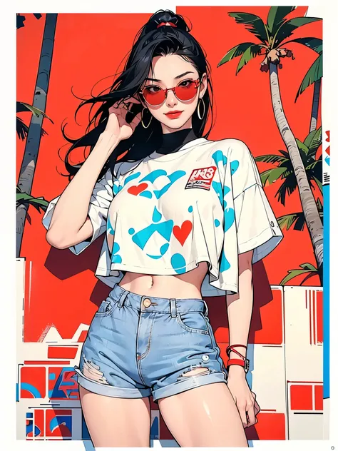 Flat Illustration artwork, ((young 24 year old Maggie cheung)) in a oversized crop top and shorts in a fashion pose in front of simple background, up close red lips, wear dark sunglasses, korean pop-star, big smile, black hair, pretty hands, fringe, simple...