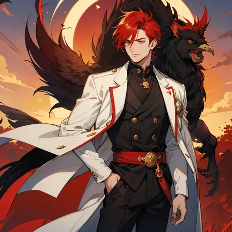 An anime-style proud and dignified man, depicted from the waist up, with sharp red hair styled like a rooster’s crest and intense golden eyes. He wears a long white coat with feathered red accents. The background features a sunrise-lit farm scene.