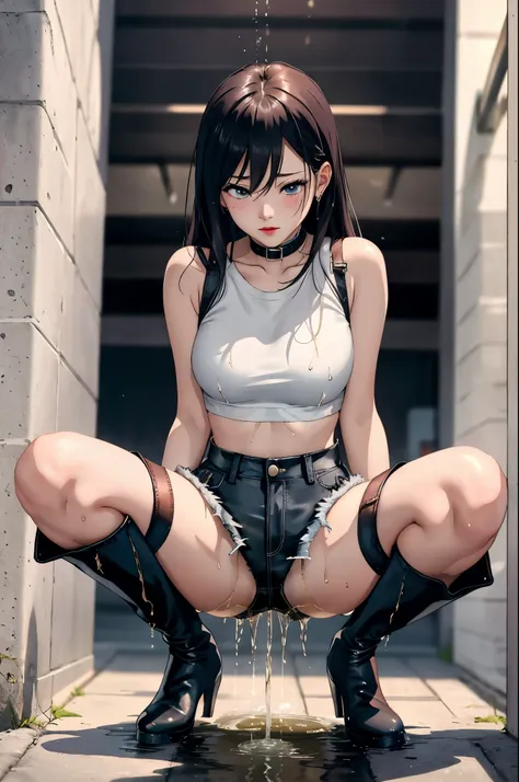 anime, best quality, high quality, highres, beautiful women, high detail, good lighting, lewd, hentai, (no nudity), (((jean shorts))), ((tight leather top)), ((((leather thigh high boots)))), bare midriff, (wet shorts), (((wetting herself))), (((peeing her...