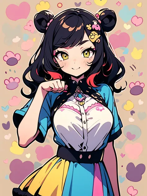 dutch angle,Alone,upperbody,black wavy medium hair,(see through bangs),makeup,gloss eyeshadow,yellow far animal sexy dress,black mini skirt, beautiful breast,paw pose,cute face,colorful cute polka dot background、 wonderland 、（ I am the protagonist:1.3）、(ma...