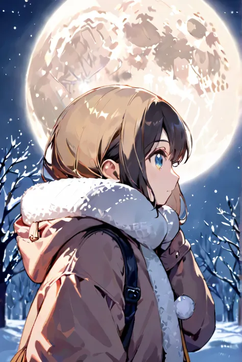 A girl in warm clothes is watching the winter moon