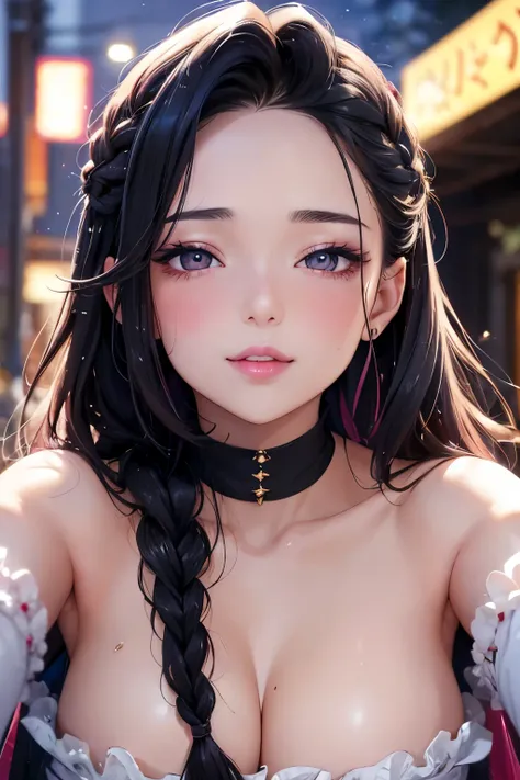 Amazing portrait of a sexy and cute woman in love with her black hair braided as she blushes deep during night time with soft lighting showcasing her seductive and soft eyes and her pink lips which are parted in a seductive smile and her long neck and coll...