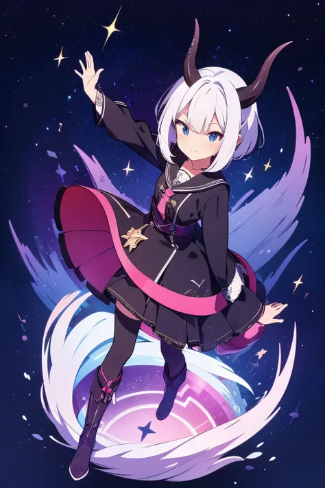 A dragon girl from the universe with short white hair, starry navy blue eyes with purple and black horns and a black tail wearing clothes with star details, full body with black boots and a star at the tip with a dark purple sock..