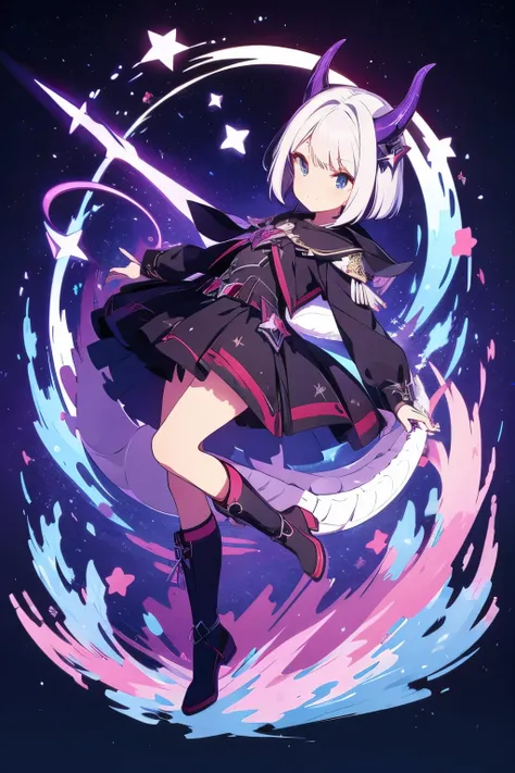 A dragon girl from the universe with short white hair, starry navy blue eyes with purple and black horns and a black tail wearing clothes with star details, full body with black boots and a star at the tip with a dark purple sock..