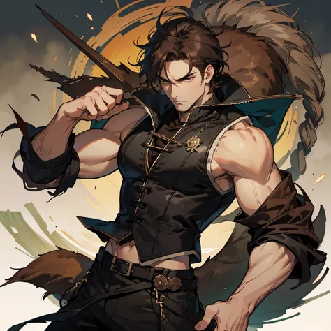 An anime-style fearless and rugged man, shown waist-up, with messy dark brown hair and intense dark eyes. He wears a sleeveless leather vest with boar tusk patterns. The background is a dense forest clearing, evoking strength and determination.