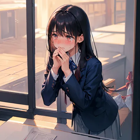 (((looking away))), (((Look down))),  , ((Timid)), (((Crying))), ((( orgasms))), (((Put your hand over your mouth))),  high school girl, Navy Blue Blazer, Navy Blue Ribbon,  standing,  Tram,  Japanese,  black hair semi-long , ((shy, blush, nose blush, emba...