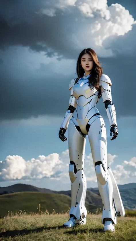 a beautiful long-haired woman, stand tall, curvaceous body, wearing a white robotic armor futuristic, stood full of confidence on the top of a hill. the surrounding clouds is dark, dramatic. aesthetic.