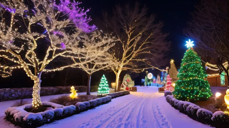    A magical garden full of  Christmas decorations   ,   bright 色で満たされた, festively colored lights . Mister.々tree々  wrapped in a sparkling garland   々, red、green, green, money and.    Warm little lights frame the winding path  ,   Christmas decorations   , ...