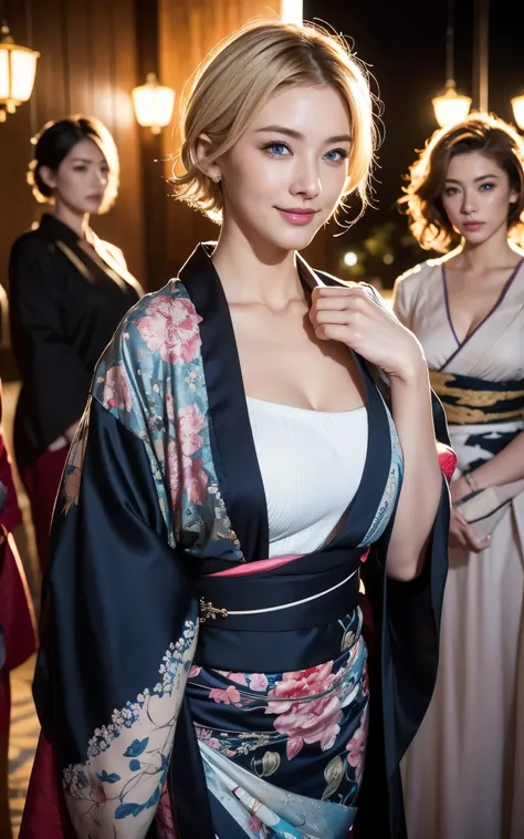 Noble Kimono, Kimono, firework, Blonde, Tattoos all over the body, Sexy Face, short hair, More than one person, ((Three women:1.5)), Three people lined up, Full body photo, Sexy Face, short hair, A look of complete lust, (((masterpiece))), ((highest qualit...