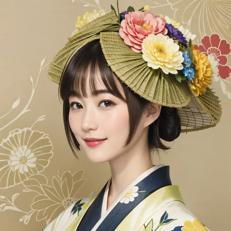 331 (20-year-old female, shorthair), ( high image quality), (smile), (kimono), ( colorful ), (Uemura Shoen Japanese Paintings), (flower), (Fractal Background)