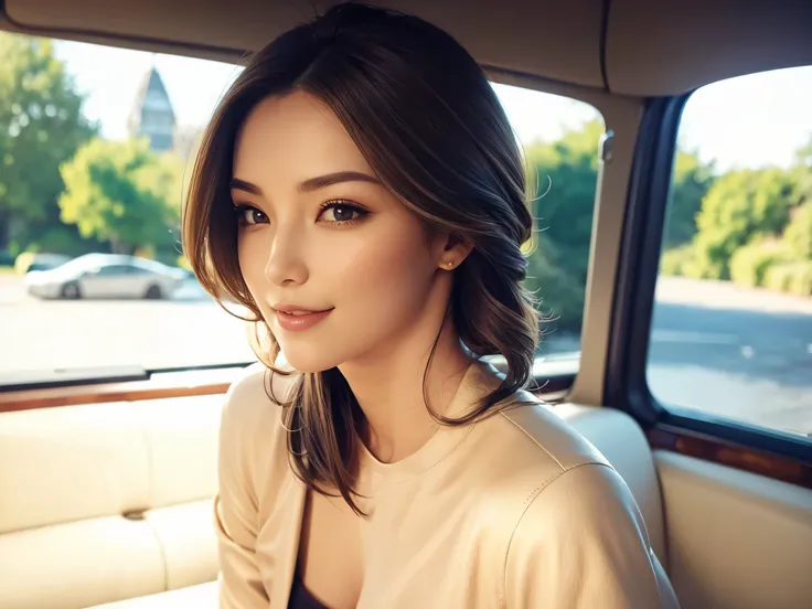 a beautiful young woman in a casual outfit, short hair, lady bikers, detailed face, alluring eyes, full lips, large bust, turtle neck t-shirt, leather jacket, outdoor date setting, soft lighting, warm colors, photorealistic, 8k, cinematic, beautiful detail...
